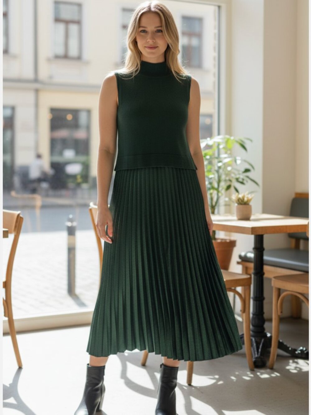 NWT $198 MAX STUDIO Mock Neck Sleeveless Twofer Dress Large, HUNTER GREEN